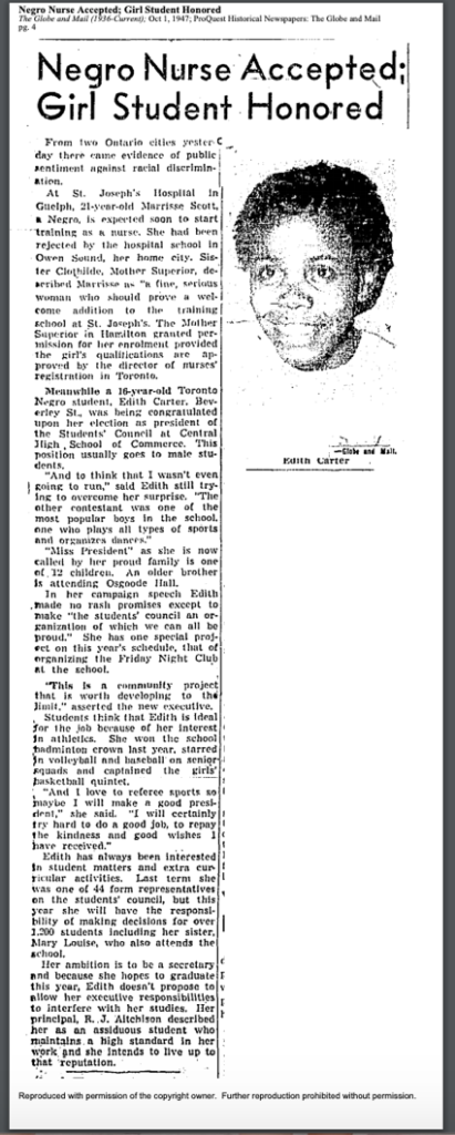 This image shows the Globe and Mail's article on Marisse Scott with a picture of her smiling on the right and tells her story on the left. This image is from 1947 and was found in the ProQuest Historical Newspapers. 
