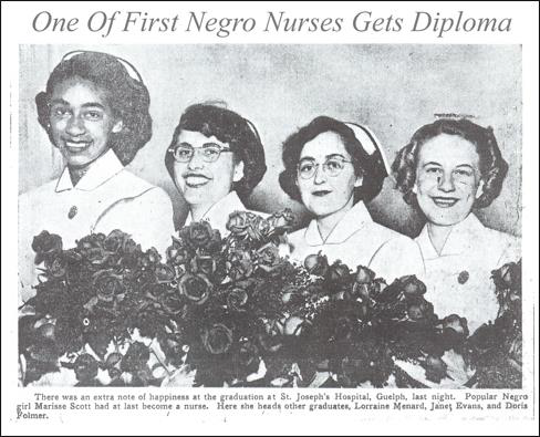 This image shows four of the women who graduated from St. Joseph’s Hospital's nursing school in 1950, presenting Marisse Scott at the far left and three other women beside her with flowers along the bottom of the photo. This image is from 1950 and was found in The Grey Roots Archival Collection. 
