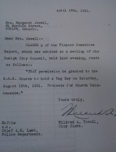 A letter from the city of Guelph, dated April 18, 1961, granting permission to the British Methodist Episcopal Church to host a Tag Day. It is archived at the Guelph Civic Museum.
